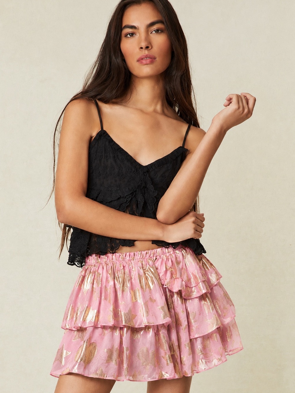 Love Shack Fancy Pink and Gold Star Ruffle Skirt
